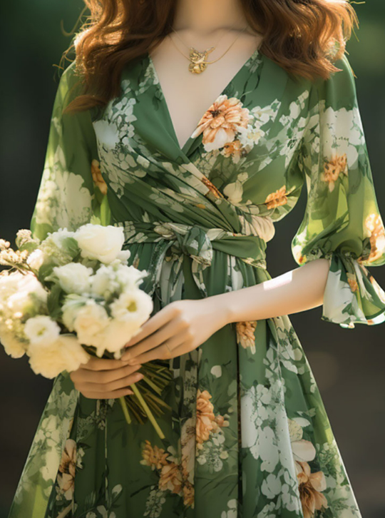 French Green V Neck Print High Waist Chiffon Dresses Long Sleeve KJ024 ZS-FDL240715