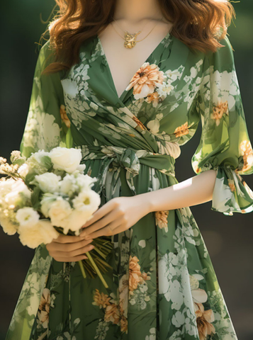 French Green V Neck Print High Waist Chiffon Dresses Long Sleeve KJ024 ZS-FDL240715