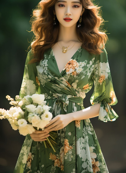 French Green V Neck Print High Waist Chiffon Dresses Long Sleeve KJ024 ZS-FDL240715