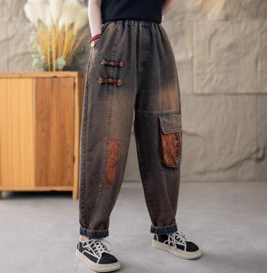 Women Autumn Vintage Patch Spliced Cotton Harem Pants AI1032 BUYKUD