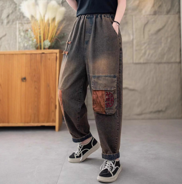 Women Autumn Vintage Patch Spliced Cotton Harem Pants AI1032 BUYKUD