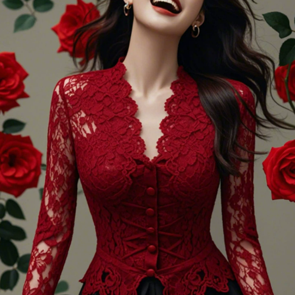 Slim Fit Red V Neck Hollow Out Lace Top Flare Sleeve AL1041 Genistyle Shop