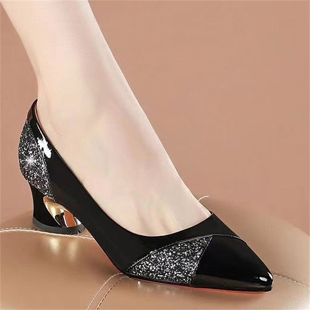 Patent Women's Heels Block Leather Faux Glitter-Accented FashionChic