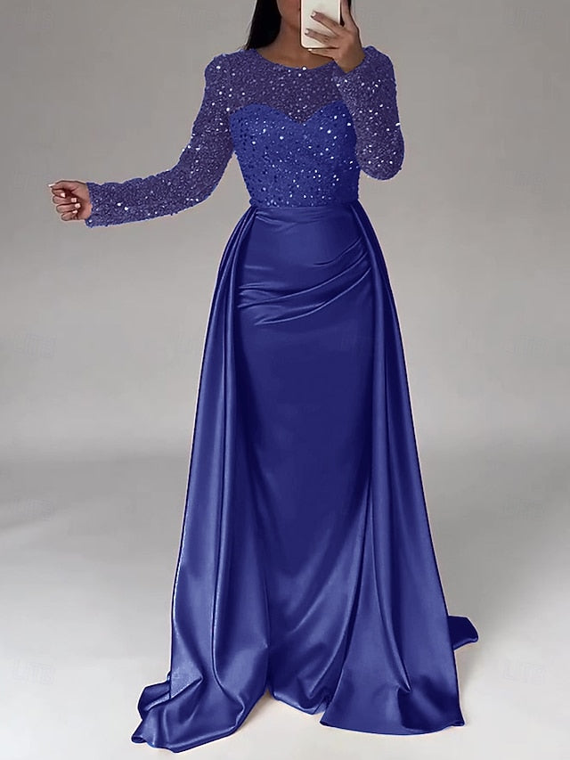 RuchedSatin Dress Sleeves Mermaid Gown Evening Sequin Long FashionChic