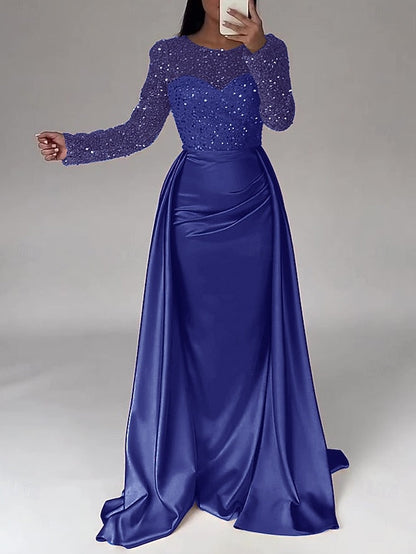 RuchedSatin Dress Sleeves Mermaid Gown Evening Sequin Long FashionChic