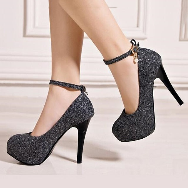 Stiletto Silver Heels Women's Glitter Ankle with Platform FashionChic
