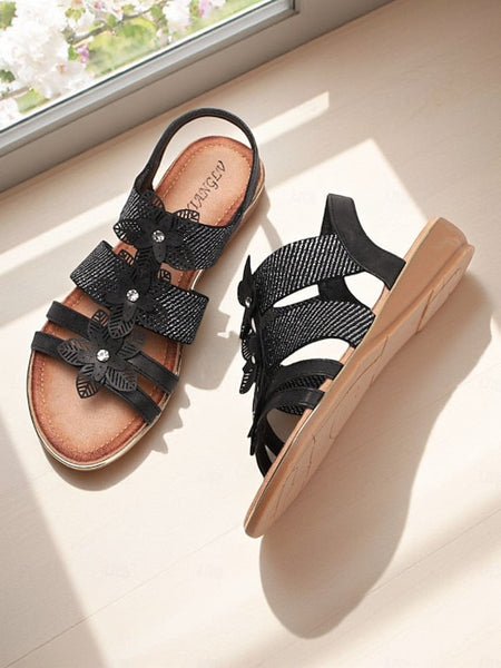 Sandals Women's Rhinestone Floral – Flat Elegant Beige FashionChic