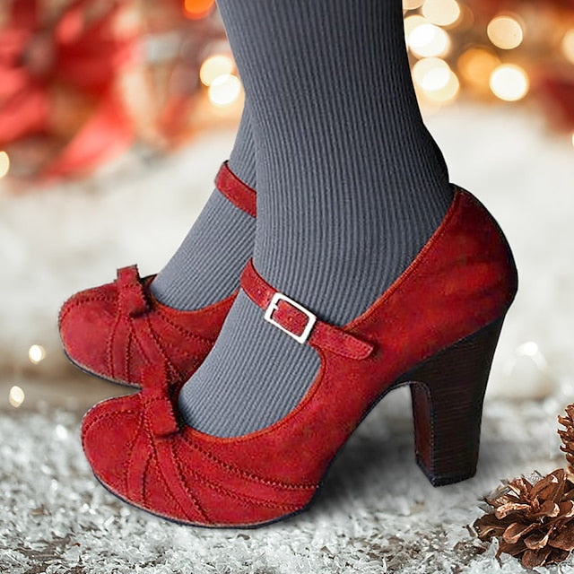 Suede and Heels Bow Jane with Mary Red Detail Black Women's FashionChic