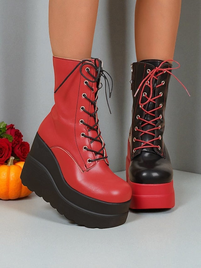 Red Ankle and Lace-Up Platform Women's Boots Black - Bold FashionChic