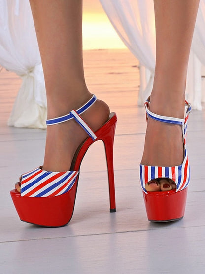 Striped White Platform Stiletto Blue Red Women's Heels and FashionChic