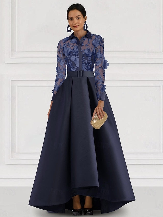 A-Line Shirt Mother Dress the Bride Red Collar of Blue Elegant FashionChic