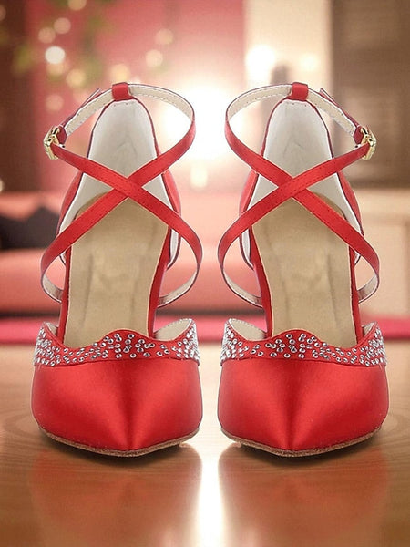 - Cross Shoes Dance Toe Ballroom Closed Red Satin Women's FashionChic