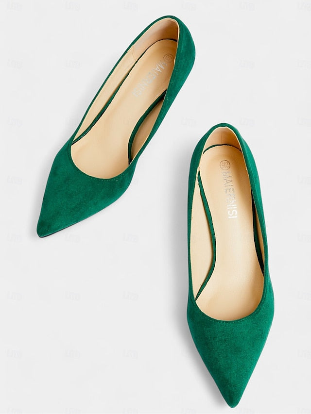 Suede with Women's Pointed-Toe Kitten Emerald Pumps Green FashionChic
