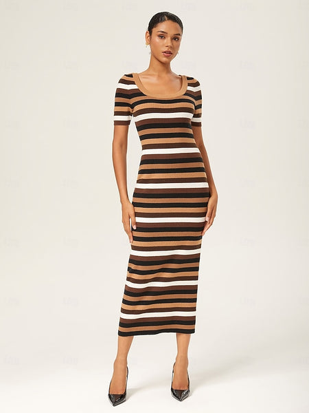 Coffee Striped Fitted Maxi Dress