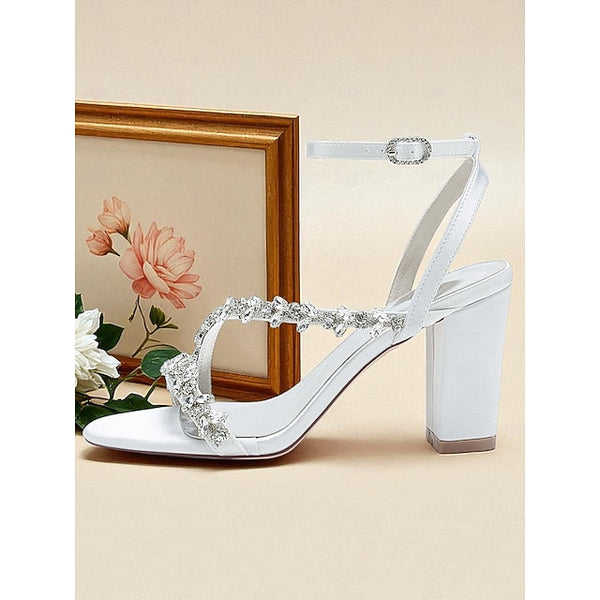 White Women's with Straps Sandals Rhinestone - Block Heel FashionChic