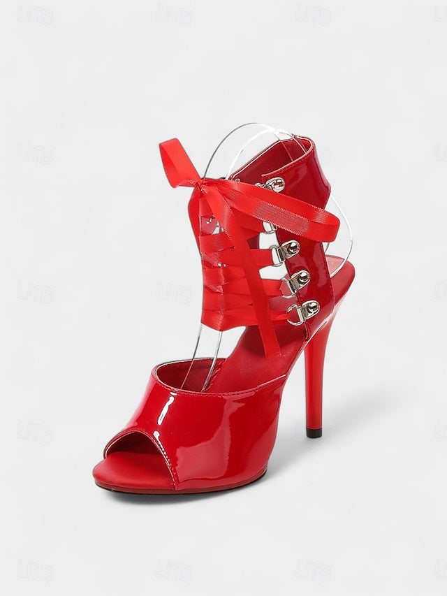 Patent Stiletto Lace-Up Cutout Women's Sandals - Sexy Black FashionChic