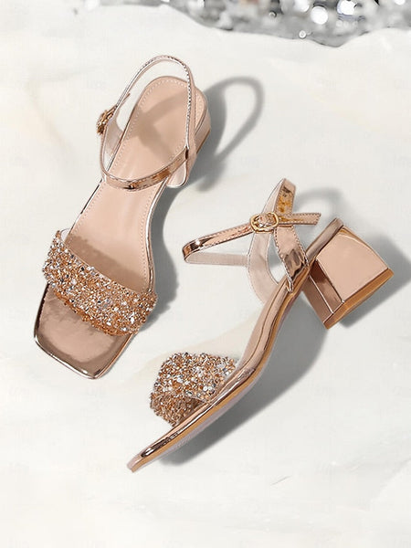 Block Sandals Women – Heel for Elegant Wedding Gold Rhinestone FashionChic