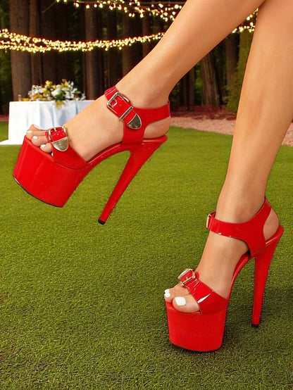 Patent White Gold Buckle Heels High Platform Women's with FashionChic