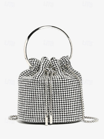Women's with Rhinestone Metal Bag Silver Bucket Sparkling FashionChic