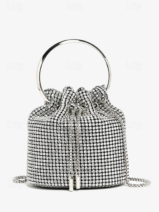 Women's with Rhinestone Metal Bag Silver Bucket Sparkling FashionChic