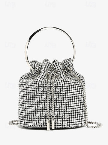 Metal Silver Sparkling Rhinestone Bag with Women's Bucket FashionChic