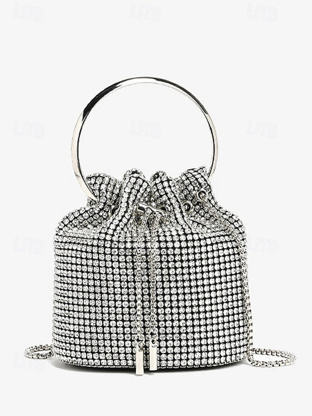 Women's with Rhinestone Metal Bag Silver Bucket Sparkling FashionChic