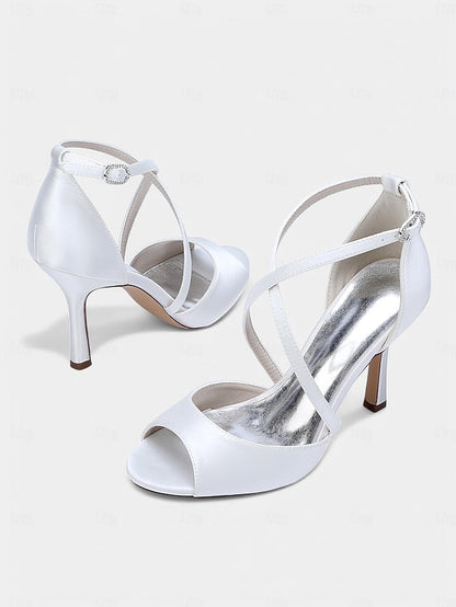Elegant Heels Peep-Toe Women's White – Satin Cross-Strap FashionChic