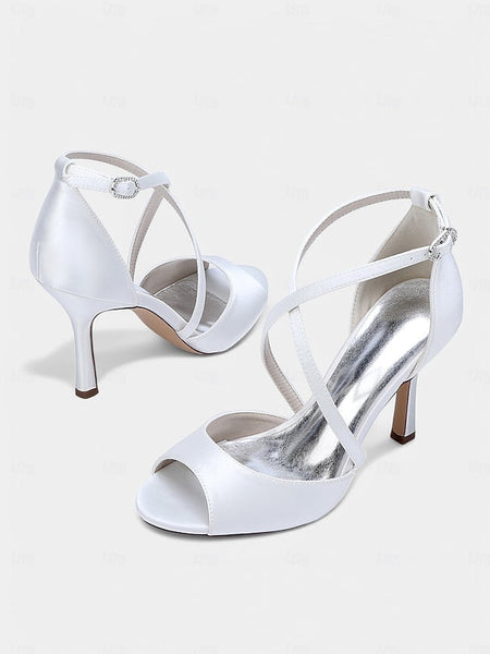 Satin – Cross-Strap Heels White Elegant Women's Peep-Toe FashionChic
