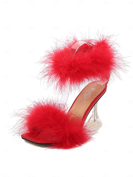 Clear Heel with Turquoise Sandals Feather-Embellished High FashionChic