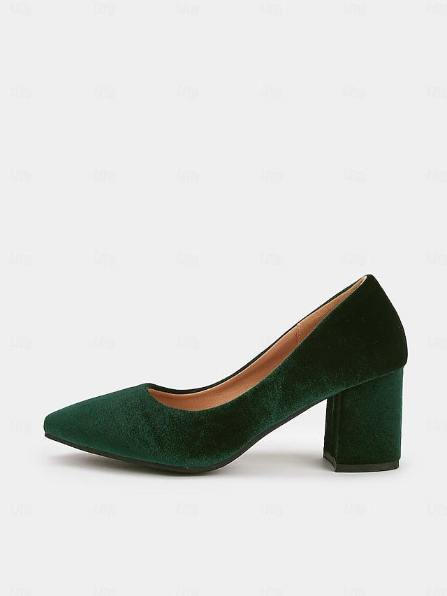 Elegant Block Pointed Pumps Green - Women's Heel Toe Velvet FashionChic