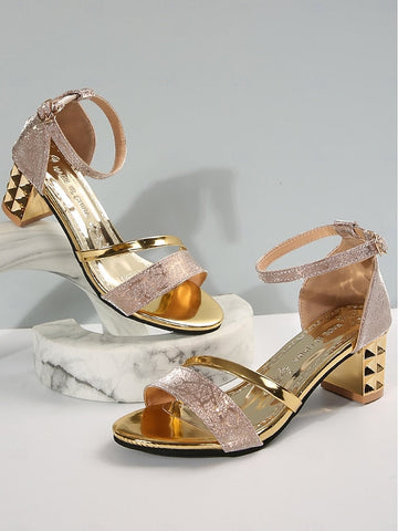 – Silver Sandals Women's Heel Strap Block Ankle Glitter FashionChic