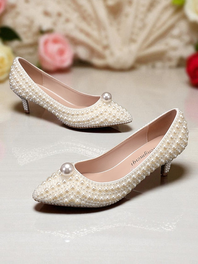 Heel Matching Kitten and Pearl-Embellished Pumps Women's FashionChic