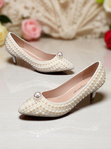 Heel Matching Kitten and Pearl-Embellished Pumps Women's FashionChic