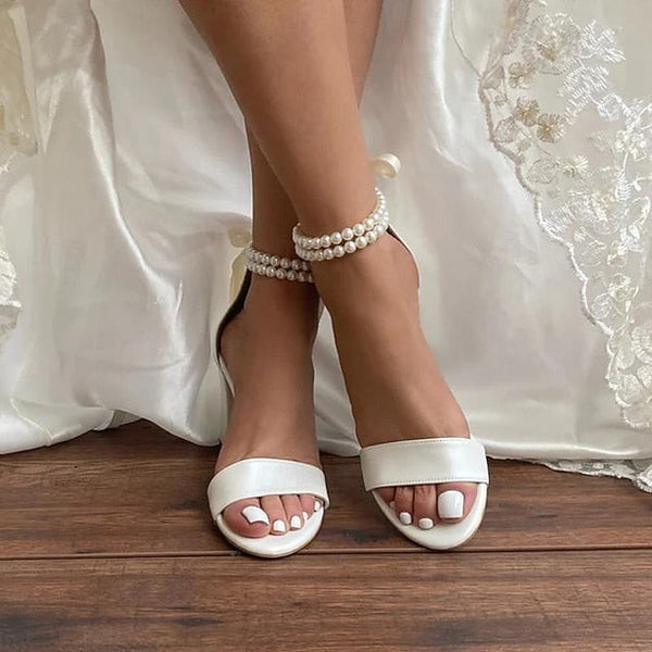 Heels Wedding Pearl Anklet Satin and Block Sandals - White with FashionChic