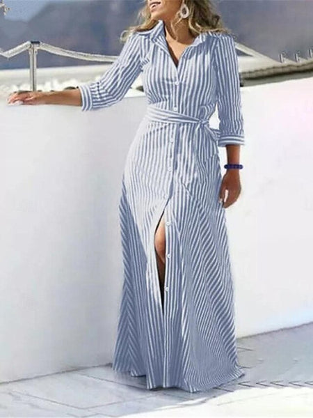 Women's Blue Black Summer Spring Maxi Dress Cotton Linen FashionChic