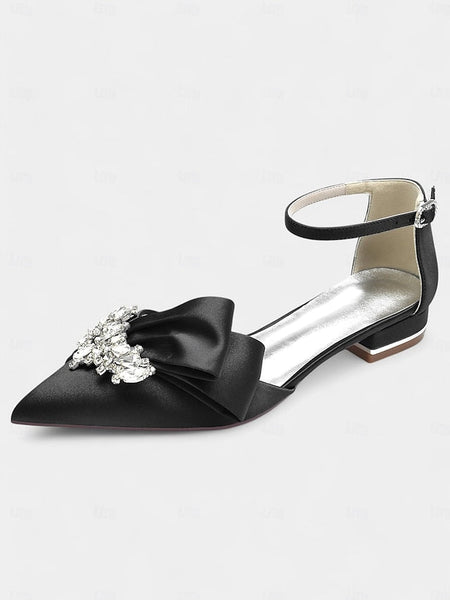 Bow with Pointed-Toe and Satin Rhinestone Ankle White Heels FashionChic