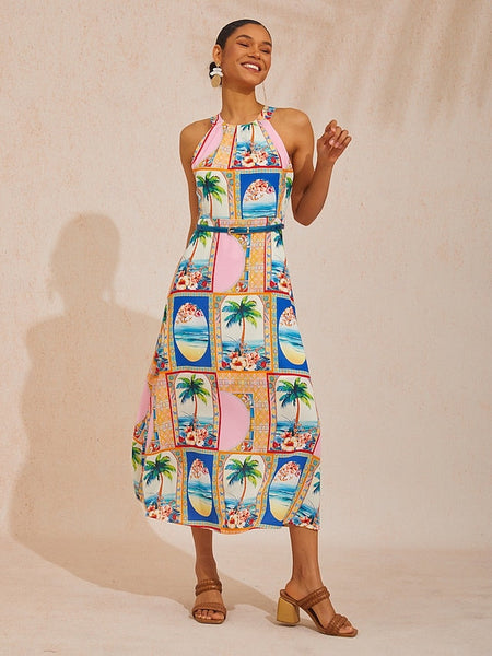Vacation Geometric Floral Print Waist-cinching Sleeveless Satin FashionChic