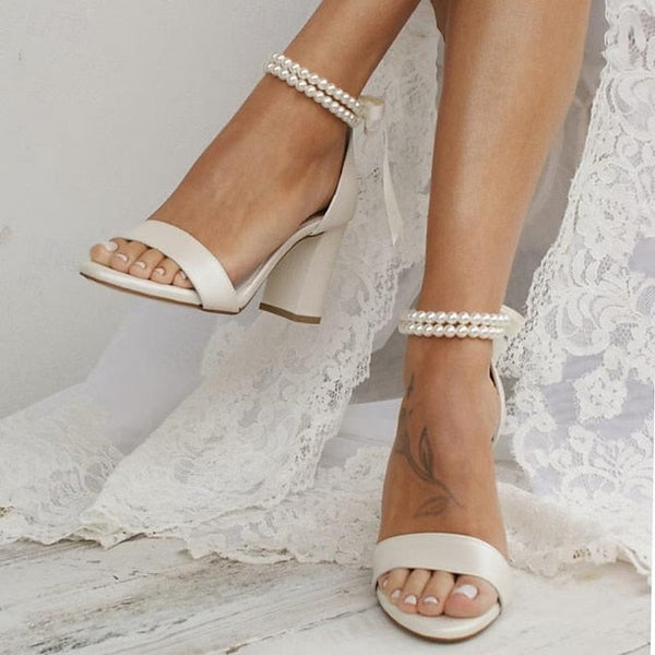 Heels Wedding Pearl Anklet Satin and Block Sandals - White with FashionChic