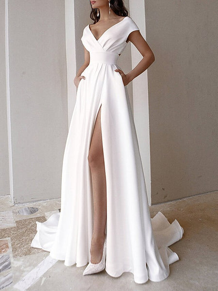 Women's White Dress Prom Dress Party Dress Ruffle Pocket V