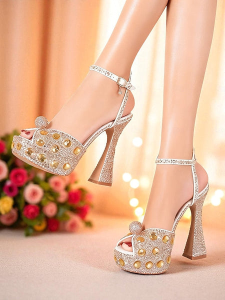 with Heel Women's Matching Rhinestone Platform Sandals High FashionChic