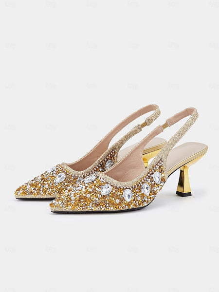 with Slingback Gold Rhinestone Heels Women's Pearl FashionChic