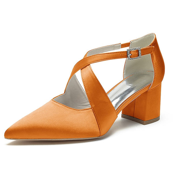 Heels White Pointed Satin Toe Block Women's – Elegant FashionChic