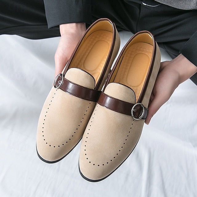 with Loafers Slip-On Suede Buckle Strap Brown Men's Faux FashionChic