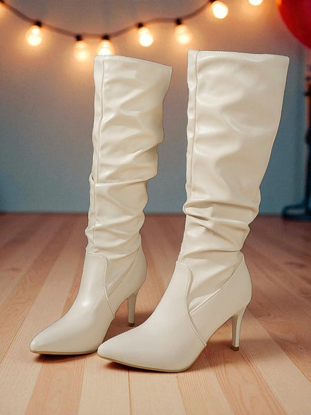 Knee Pointed Faux - Boots Leather High Women's Toe Brown FashionChic