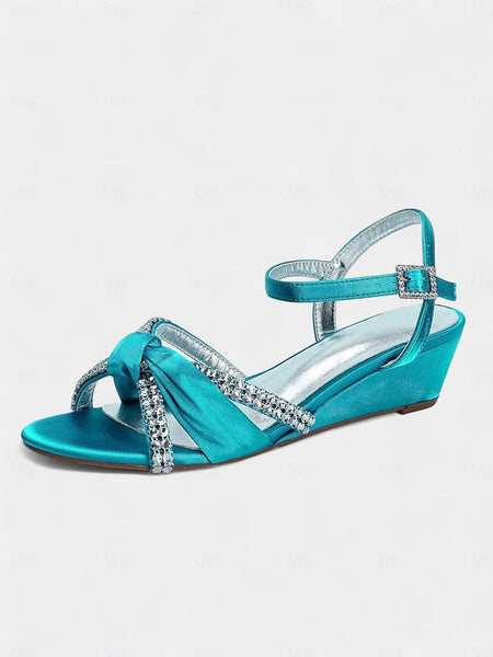 Knot Women's Rhinestone Wedge - Green Dress Satin Sandals FashionChic