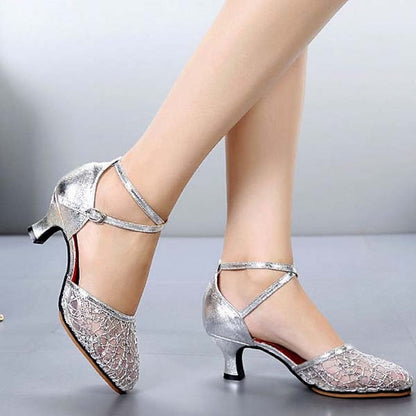 Low Women's Shoes – Mesh Heel Latin Dance Lace Silver FashionChic