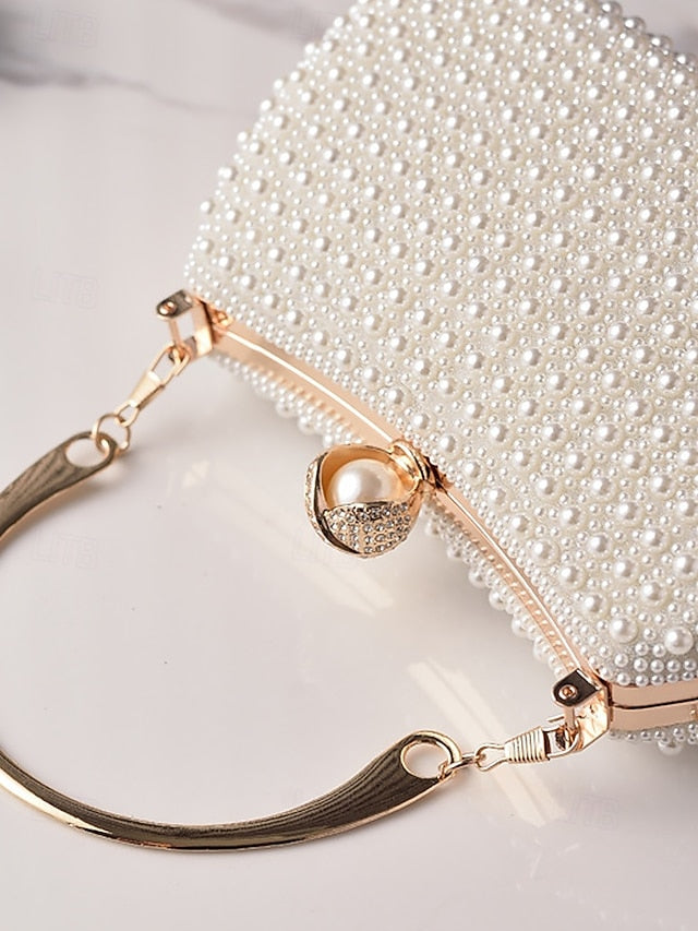 Pearl Handle Clutch Bag Beaded Gold with Evening Women's FashionChic