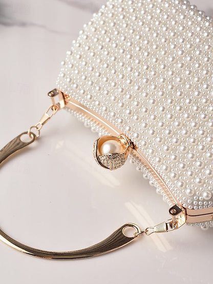 Pearl Handle Clutch Bag Beaded Gold with Evening Women's FashionChic