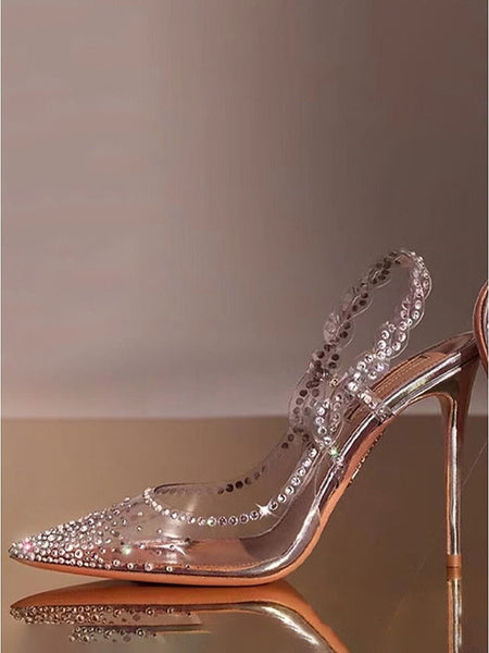 Women's Toe Clear Rhinestone Pointed with Slingback Heels FashionChic