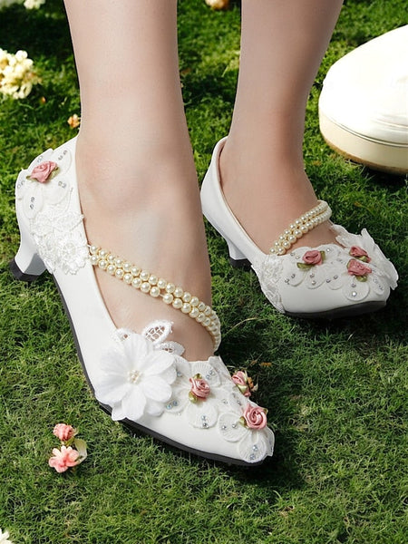 White Embellished Heel Floral for Pearl Bridal Strap Shoes Low FashionChic